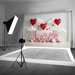 Aperturee - Aperturee 3D Pink LOVE and Red Heart Balloons Backdrop Sweet Valentines Day White Clouds and Flower Party Decor