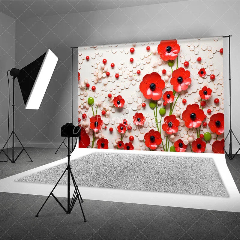 Aperturee - Aperturee 3D Red Poppy Floral Backdrop White Texture Circle Pattern Flower Art Background Artistic Photography Prop