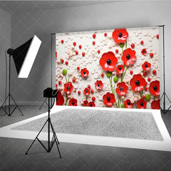 Aperturee - Aperturee 3D Red Poppy Floral Backdrop White Texture Circle Pattern Flower Art Background Artistic Photography Prop