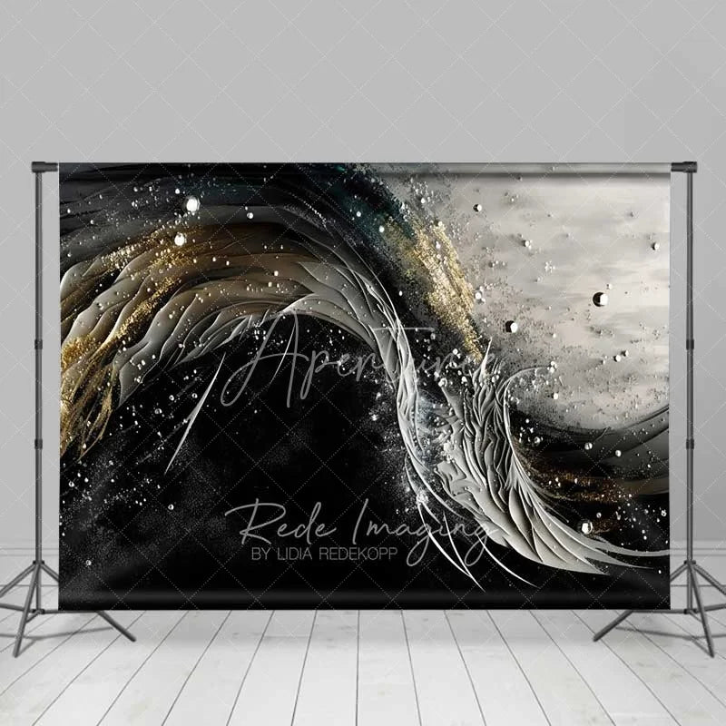Aperturee - Aperturee 3D Textured Black and White Ribbon Abstract Backdrop Gold Dust Pearl Photography Background Artistic Party Decor