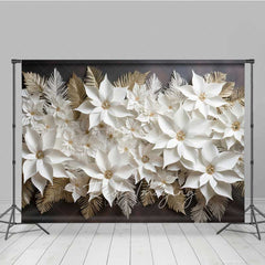 Aperturee - Aperturee 3D White and Gold Paper Poinsettia Wall Elegant Christmas Photography Backdrop Holiday Floral Studio Prop