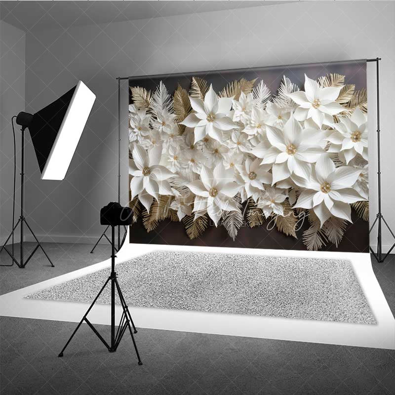 Aperturee - Aperturee 3D White and Gold Paper Poinsettia Wall Elegant Christmas Photography Backdrop Holiday Floral Studio Prop