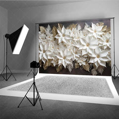 Aperturee - Aperturee 3D White and Gold Paper Poinsettia Wall Elegant Christmas Photography Backdrop Holiday Floral Studio Prop