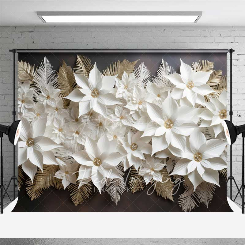 Aperturee - Aperturee 3D White and Gold Paper Poinsettia Wall Elegant Christmas Photography Backdrop Holiday Floral Studio Prop