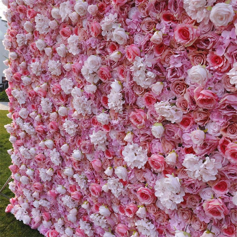 Aperturee - Aperturee 3D White Pink Rose Artificial Flower Wall Wedding Decor