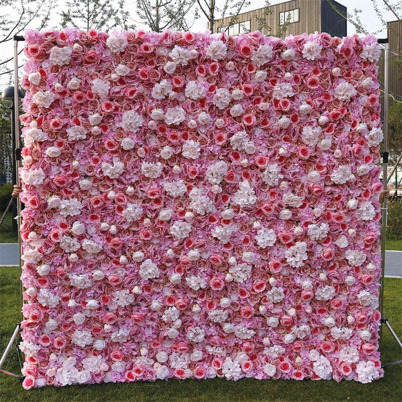Aperturee - Aperturee 3D White Pink Rose Artificial Flower Wall Wedding Decor