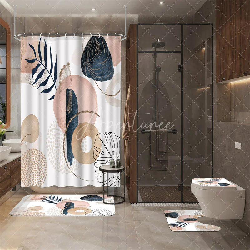 Aperturee - Aperturee 4-Piece Abstract Boho Shower Curtain Set Pink Blue Geometric Shapes Modern Minimalist Art