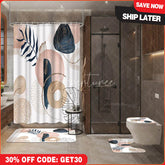 Aperturee 4-Piece Abstract Boho Shower Curtain Set, Pink Blue Geometric Shapes, Modern Minimalist Art