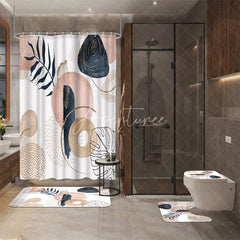 Aperturee - Aperturee 4-Piece Abstract Boho Shower Curtain Set Pink Blue Geometric Shapes Modern Minimalist Art