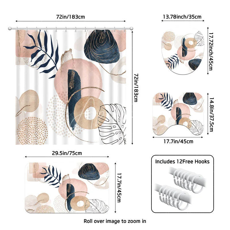 Aperturee - Aperturee 4-Piece Abstract Boho Shower Curtain Set Pink Blue Geometric Shapes Modern Minimalist Art