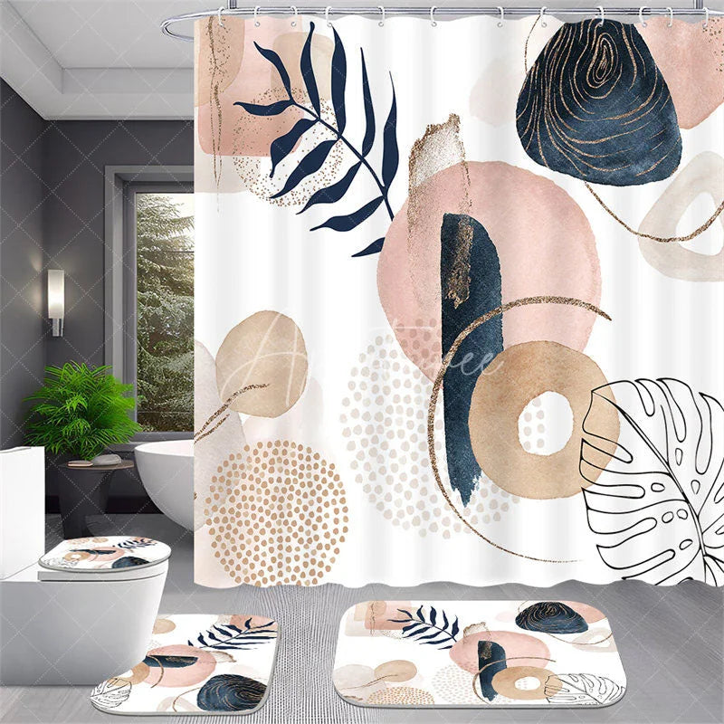 Aperturee - Aperturee 4-Piece Abstract Boho Shower Curtain Set Pink Blue Geometric Shapes Modern Minimalist Art