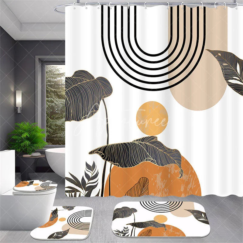 Aperturee - Aperturee 4-Piece Abstract Boho Sun Shower Curtain Set Minimalist Tropical Leaves Terracotta Geometric Decor