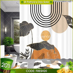 Aperturee - Aperturee 4-Piece Abstract Boho Sun Shower Curtain Set Minimalist Tropical Leaves Terracotta Geometric Decor