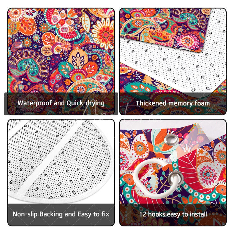 Aperturee - Aperturee 4-Piece Boho Paisley Bathroom Set Colorful Mandala Floral Pattern Vibrant Orange Purple Tribal