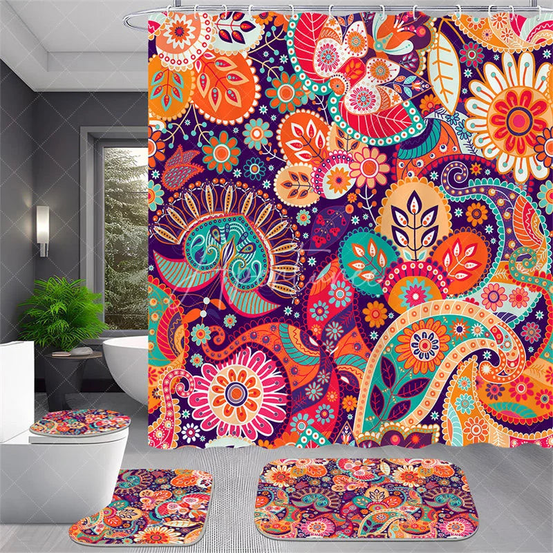 Aperturee - Aperturee 4-Piece Boho Paisley Bathroom Set Colorful Mandala Floral Pattern Vibrant Orange Purple Tribal