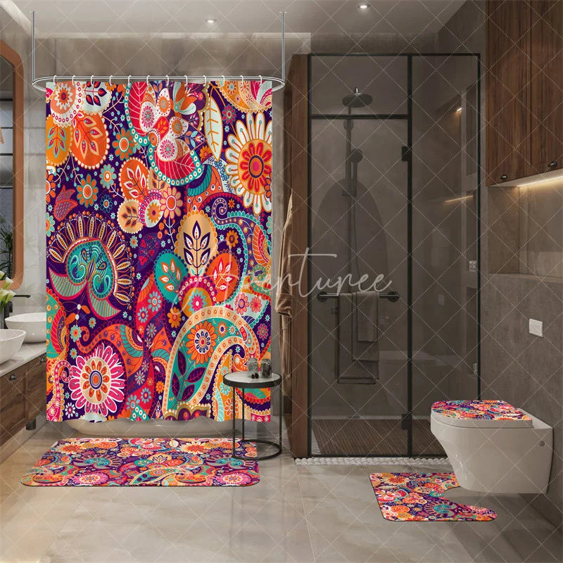 Aperturee - Aperturee 4-Piece Boho Paisley Bathroom Set Colorful Mandala Floral Pattern Vibrant Orange Purple Tribal