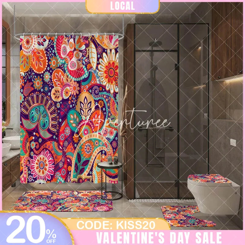 Aperturee - Aperturee 4-Piece Boho Paisley Bathroom Set Colorful Mandala Floral Pattern Vibrant Orange Purple Tribal