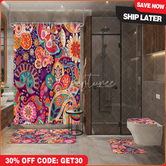 Aperturee 4-Piece Boho Paisley Bathroom Set, Colorful Mandala Floral Pattern, Vibrant Orange Purple Tribal