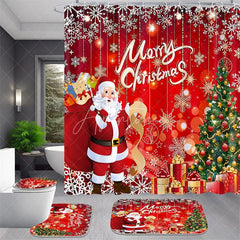 Aperturee - Aperturee 4-Piece Christmas Santa Claus Shower Curtain Set Red Xmas Tree Gift Winter Holiday Festival
