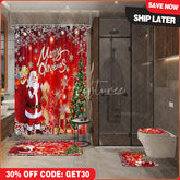 Aperturee 4-Piece Christmas Santa Claus Shower Curtain Set, Red Xmas Tree Gift, Winter Holiday Festival