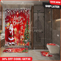 Aperturee 4-Piece Christmas Santa Claus Shower Curtain Set, Red Xmas Tree Gift, Winter Holiday Festival