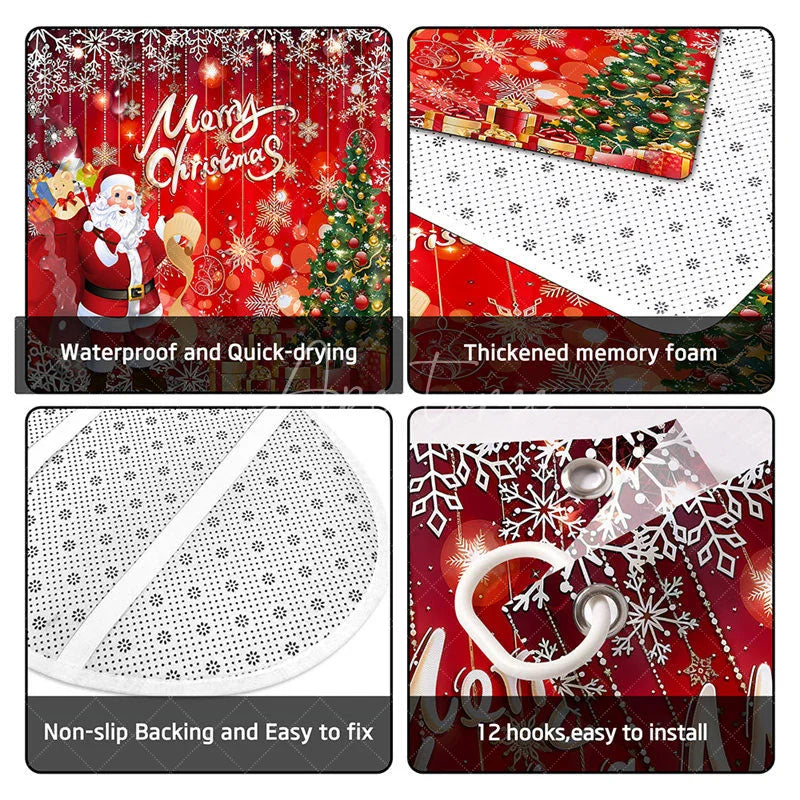 Aperturee - Aperturee 4-Piece Christmas Santa Claus Shower Curtain Set Red Xmas Tree Gift Winter Holiday Festival