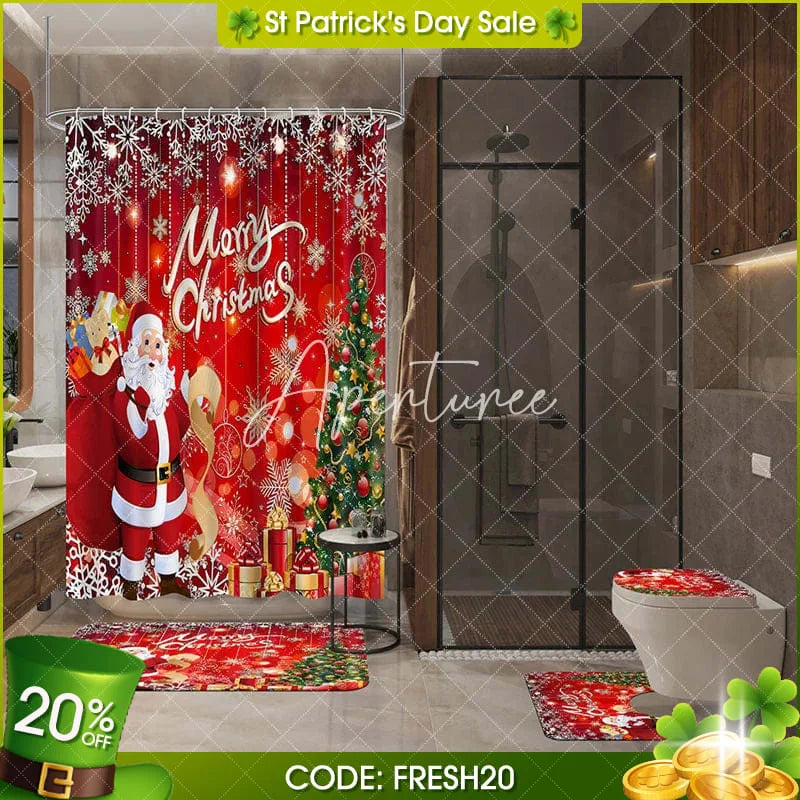 Aperturee - Aperturee 4-Piece Christmas Santa Claus Shower Curtain Set Red Xmas Tree Gift Winter Holiday Festival