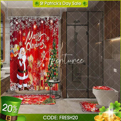 Aperturee - Aperturee 4-Piece Christmas Santa Claus Shower Curtain Set Red Xmas Tree Gift Winter Holiday Festival