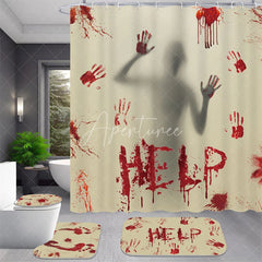 Aperturee - Aperturee 4-Piece Halloween Horror Bathroom Set Red Handprint Silhouette Spooky Help Sign Holiday Decor