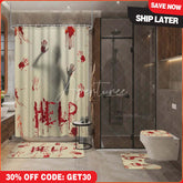 Aperturee 4-Piece Halloween Horror Bathroom Set, Red Handprint Silhouette, Spooky Help Sign Holiday Decor