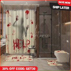 Aperturee 4-Piece Halloween Horror Bathroom Set, Red Handprint Silhouette, Spooky Help Sign Holiday Decor