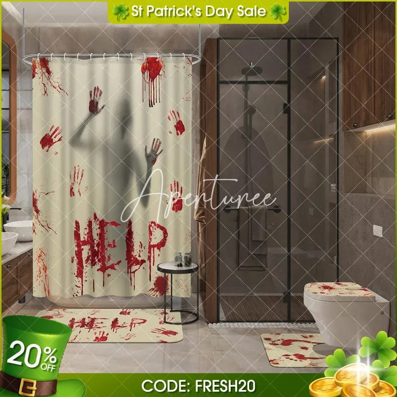 Aperturee - Aperturee 4-Piece Halloween Horror Bathroom Set Red Handprint Silhouette Spooky Help Sign Holiday Decor