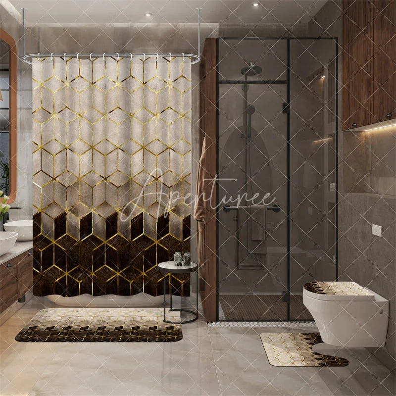 Aperturee - Aperturee 4-Piece Modern Geometric Shower Curtain Set Golden Lines Hexagon Pattern Abstract Cream Brown