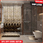 Aperturee 4-Piece Modern Geometric Shower Curtain Set, Golden Lines Hexagon Pattern, Abstract Cream Brown