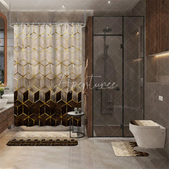 Aperturee - Aperturee 4-Piece Modern Geometric Shower Curtain Set Golden Lines Hexagon Pattern Abstract Cream Brown