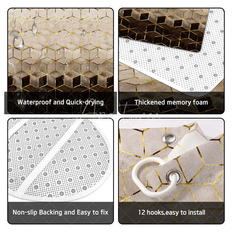 Aperturee - Aperturee 4-Piece Modern Geometric Shower Curtain Set Golden Lines Hexagon Pattern Abstract Cream Brown