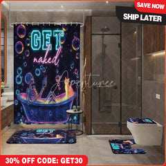 Aperturee 4-Piece Neon Skeleton Shower Curtain Set, Funny Bathing Skull with Cat, Colorful Bubbles Decor