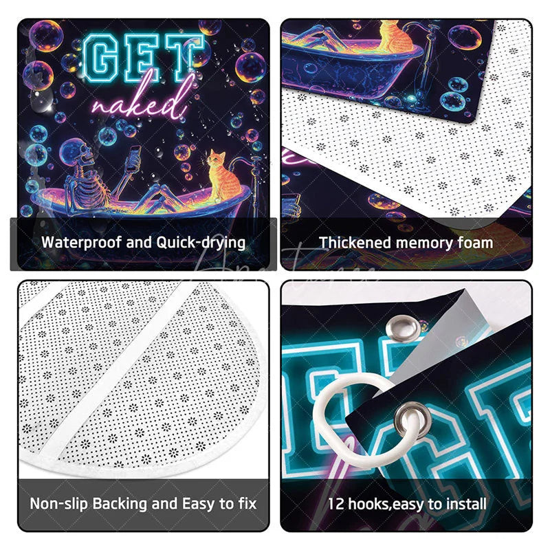 Aperturee - Aperturee 4-Piece Neon Skeleton Shower Curtain Set Funny Bathing Skull with Cat Colorful Bubbles Decor