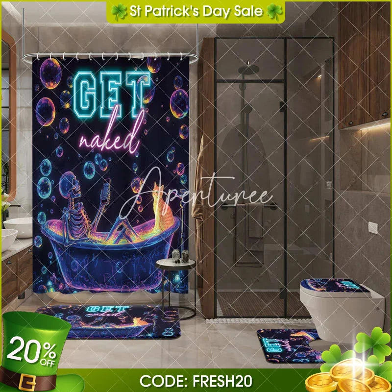 Aperturee - Aperturee 4-Piece Neon Skeleton Shower Curtain Set Funny Bathing Skull with Cat Colorful Bubbles Decor