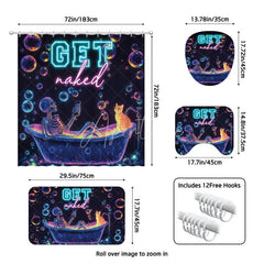 Aperturee - Aperturee 4-Piece Neon Skeleton Shower Curtain Set Funny Bathing Skull with Cat Colorful Bubbles Decor