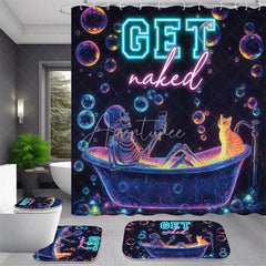 Aperturee - Aperturee 4-Piece Neon Skeleton Shower Curtain Set Funny Bathing Skull with Cat Colorful Bubbles Decor