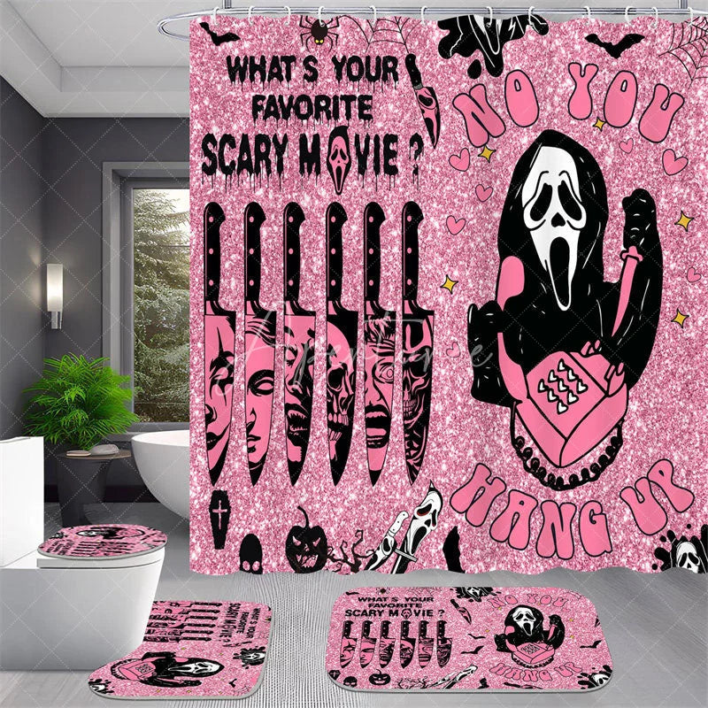 Aperturee - Aperturee 4-Piece Pink Halloween Bathroom Set Funny Movie Character No You Hang Up Spooky Ghost Decor