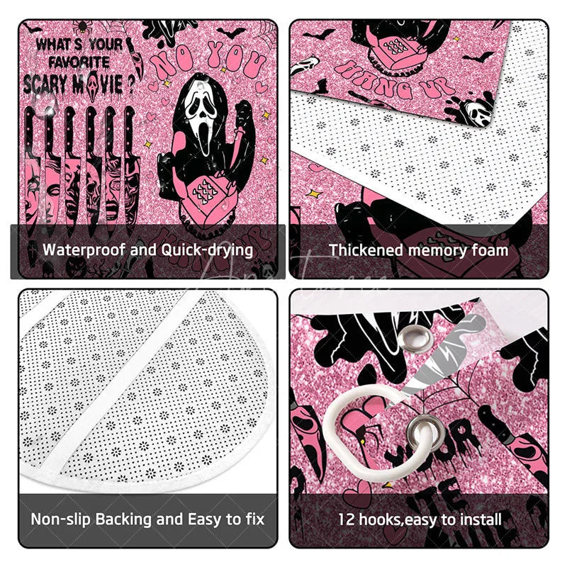 Aperturee - Aperturee 4-Piece Pink Halloween Bathroom Set Funny Movie Character No You Hang Up Spooky Ghost Decor