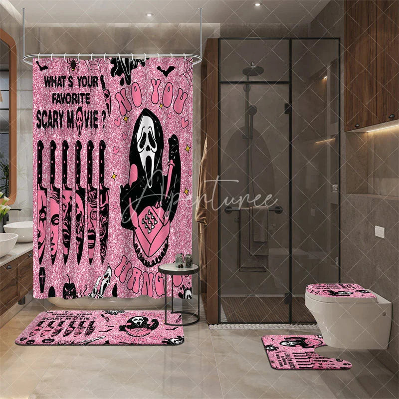 Aperturee - Aperturee 4-Piece Pink Halloween Bathroom Set Funny Movie Character No You Hang Up Spooky Ghost Decor