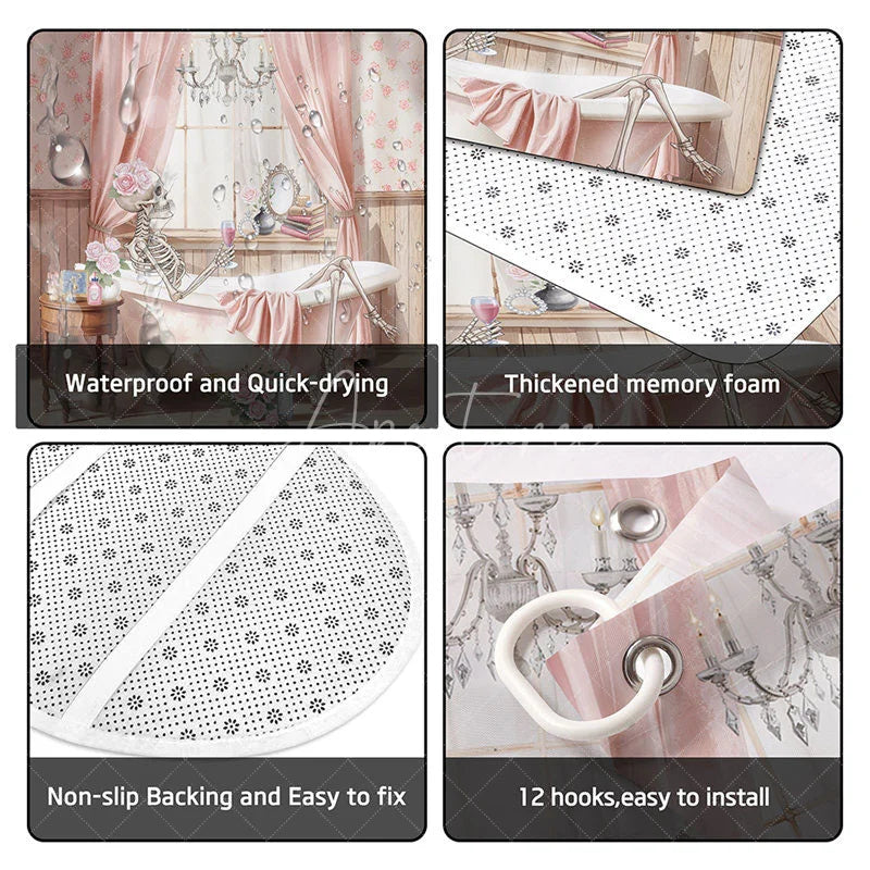 Aperturee - Aperturee 4-Piece Pink Skeleton Bathroom Set Floral Bathtub Skull Funny Spooky Cute Halloween Decor