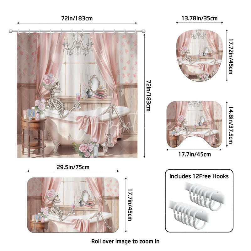 Aperturee - Aperturee 4-Piece Pink Skeleton Bathroom Set Floral Bathtub Skull Funny Spooky Cute Halloween Decor