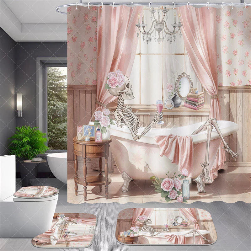 Aperturee - Aperturee 4-Piece Pink Skeleton Bathroom Set Floral Bathtub Skull Funny Spooky Cute Halloween Decor