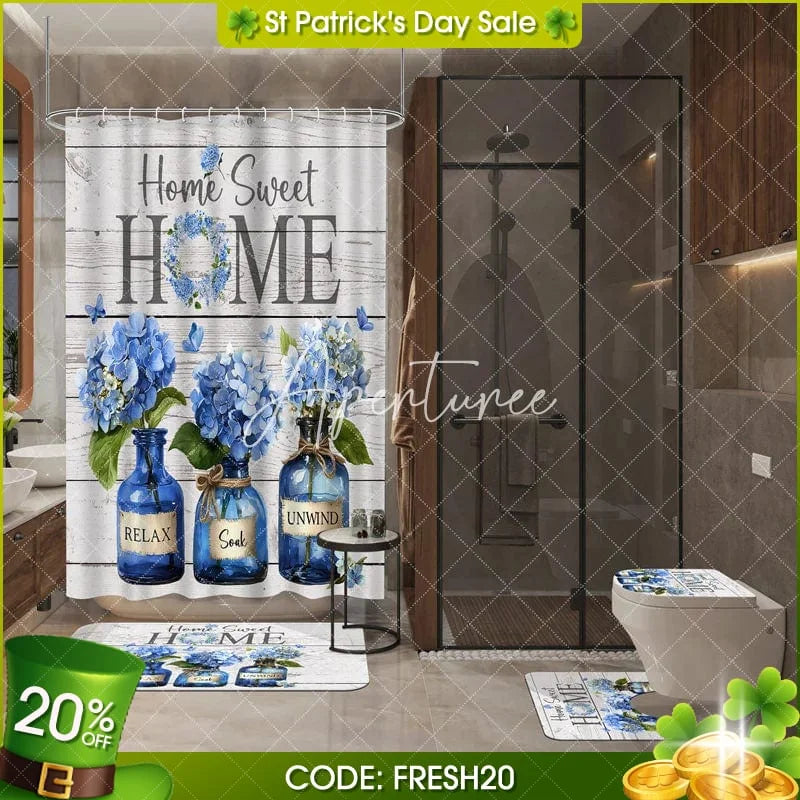 Aperturee - Aperturee 4-Piece Rustic Home Sweet Home Shower Curtain Set Blue Hydrangea Floral Jars Wooden Plank Decor