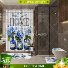 Aperturee - Aperturee 4-Piece Rustic Home Sweet Home Shower Curtain Set Blue Hydrangea Floral Jars Wooden Plank Decor