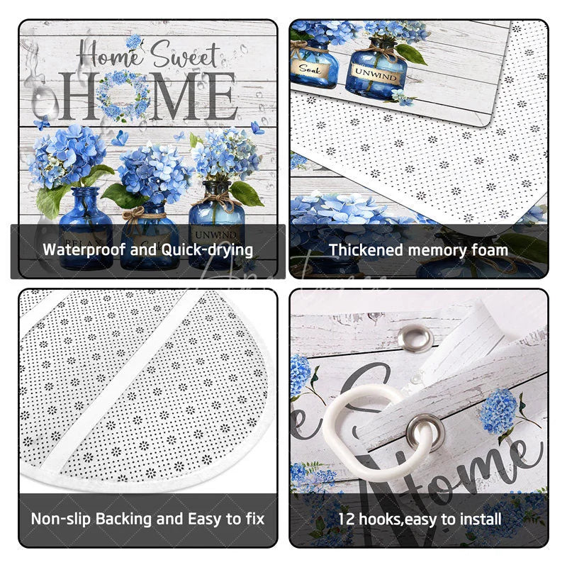 Aperturee - Aperturee 4-Piece Rustic Home Sweet Home Shower Curtain Set Blue Hydrangea Floral Jars Wooden Plank Decor